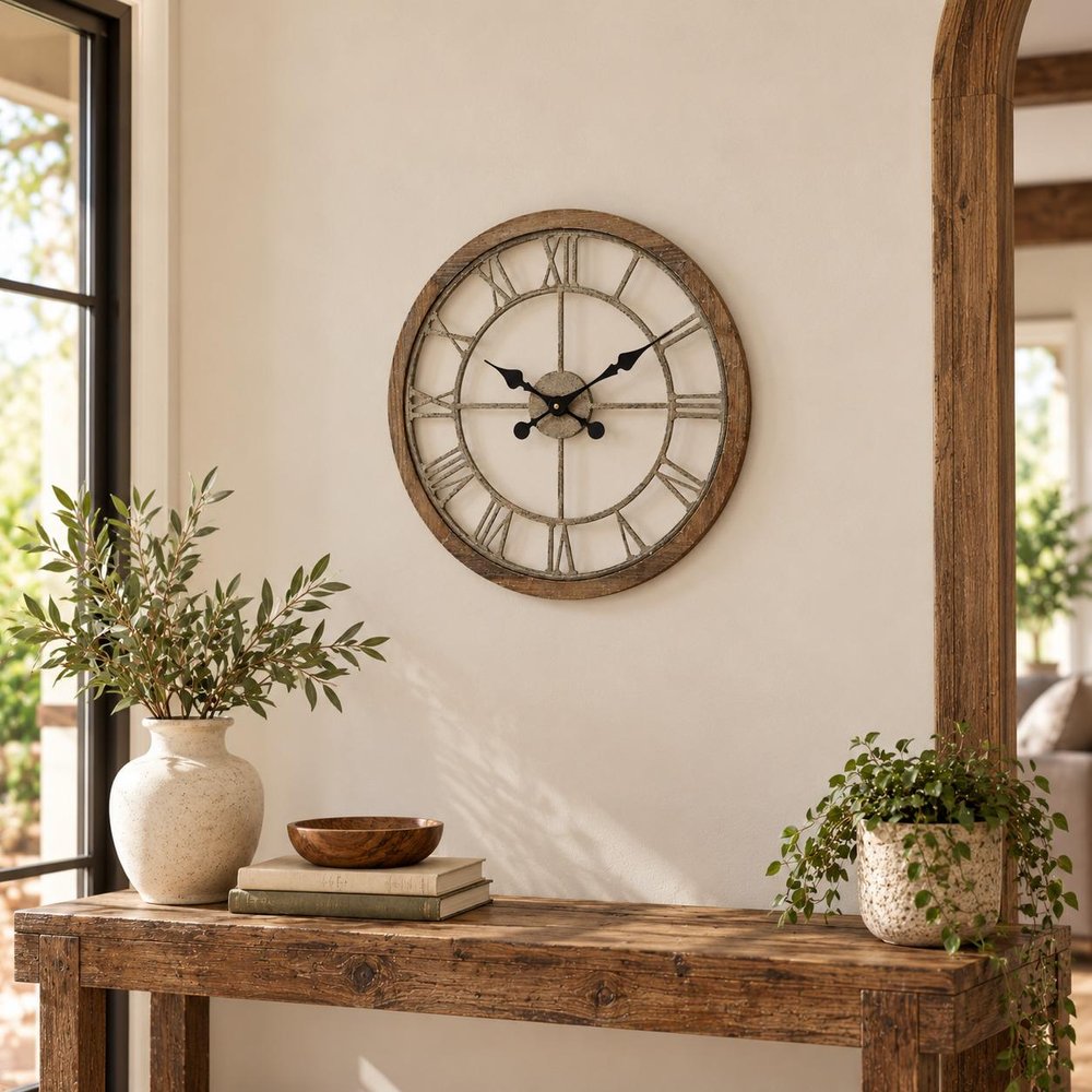 19" Brown Round Modern Farm Wall Clock