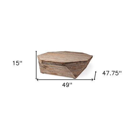 49" Natural Wood Octagon Distressed Lift Top Abstract Coffee Table