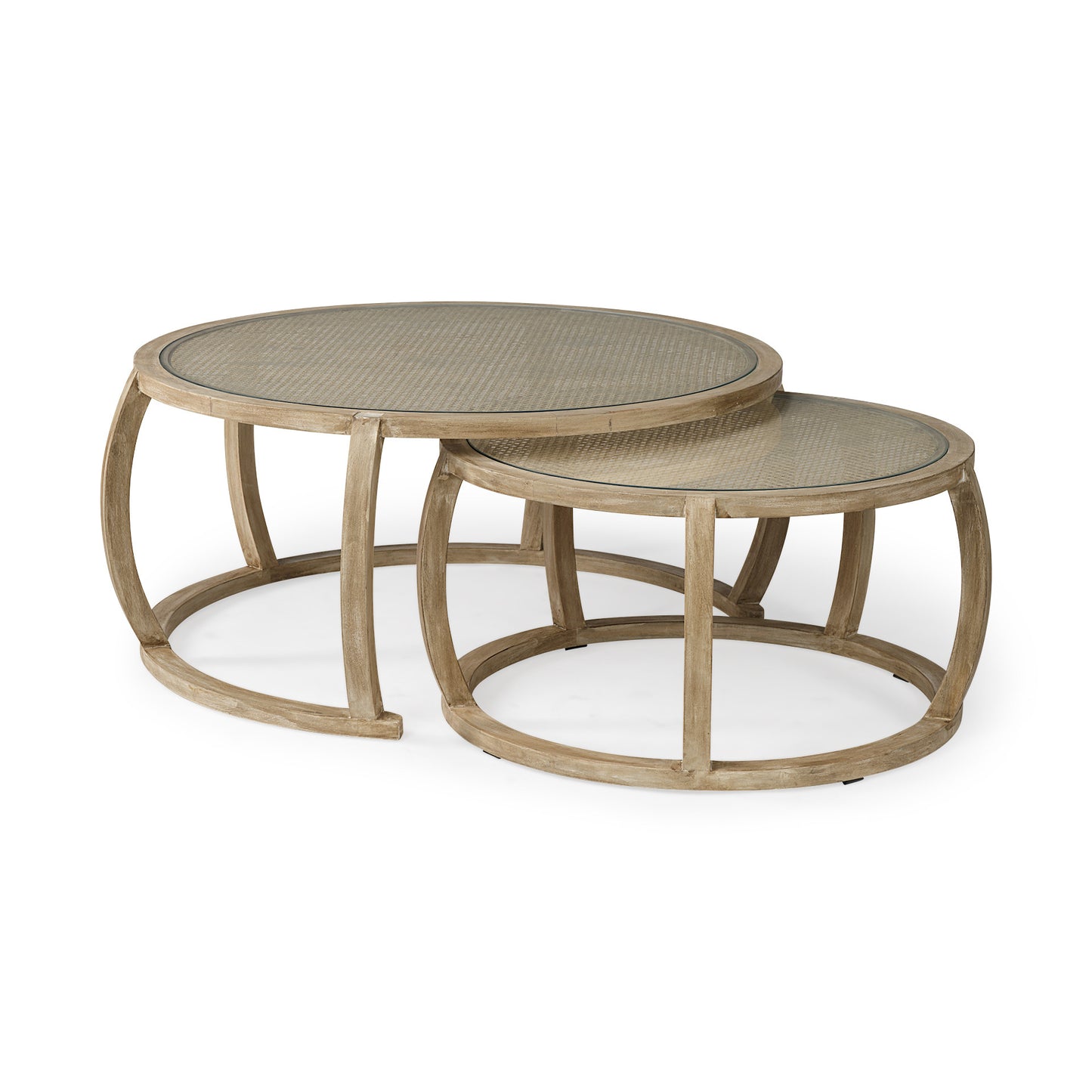 Brown Glass and Solid Wood Round Nested Coffee Tables