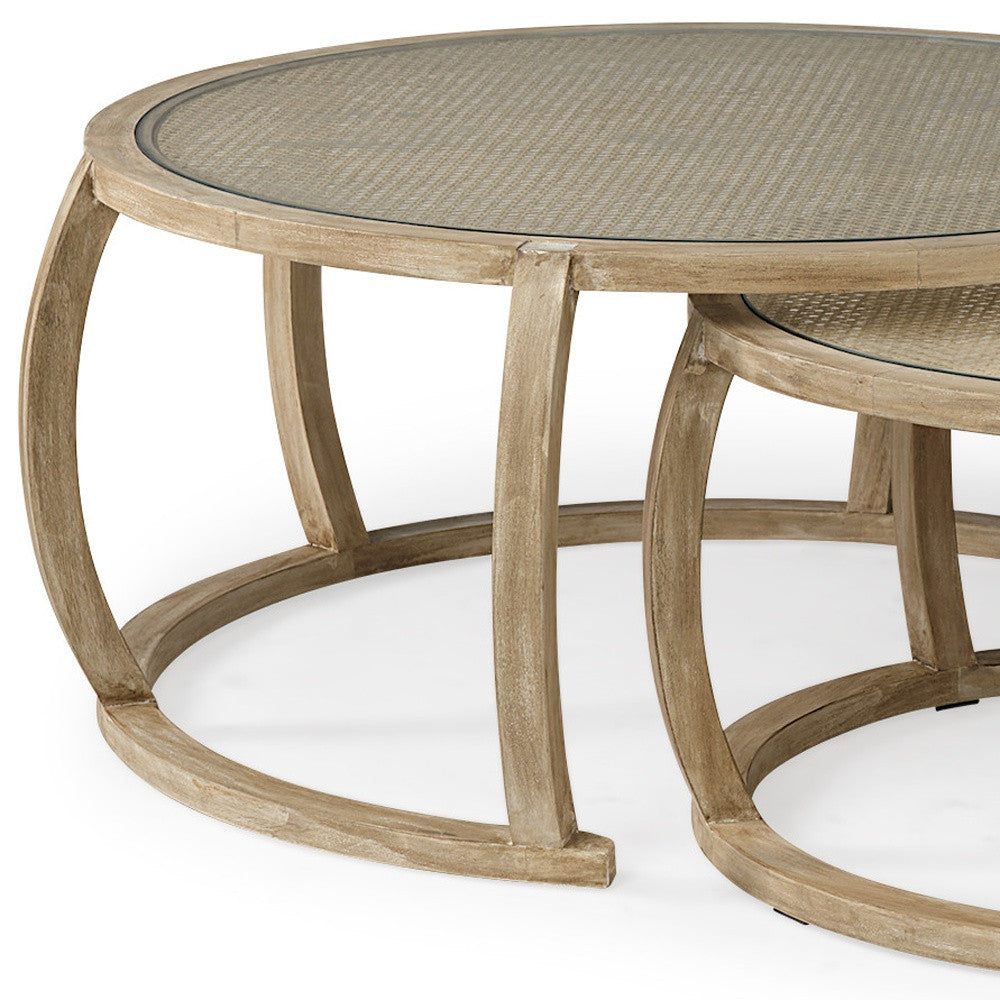 Brown Glass and Solid Wood Round Nested Coffee Tables