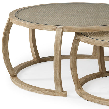 Brown Glass and Solid Wood Round Nested Coffee Tables