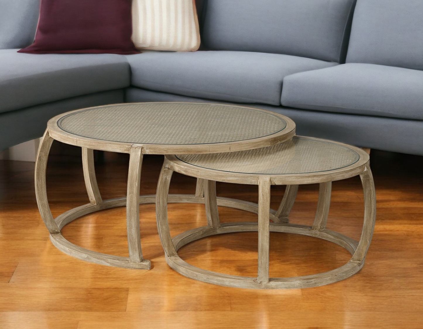 Brown Glass and Solid Wood Round Nested Coffee Tables