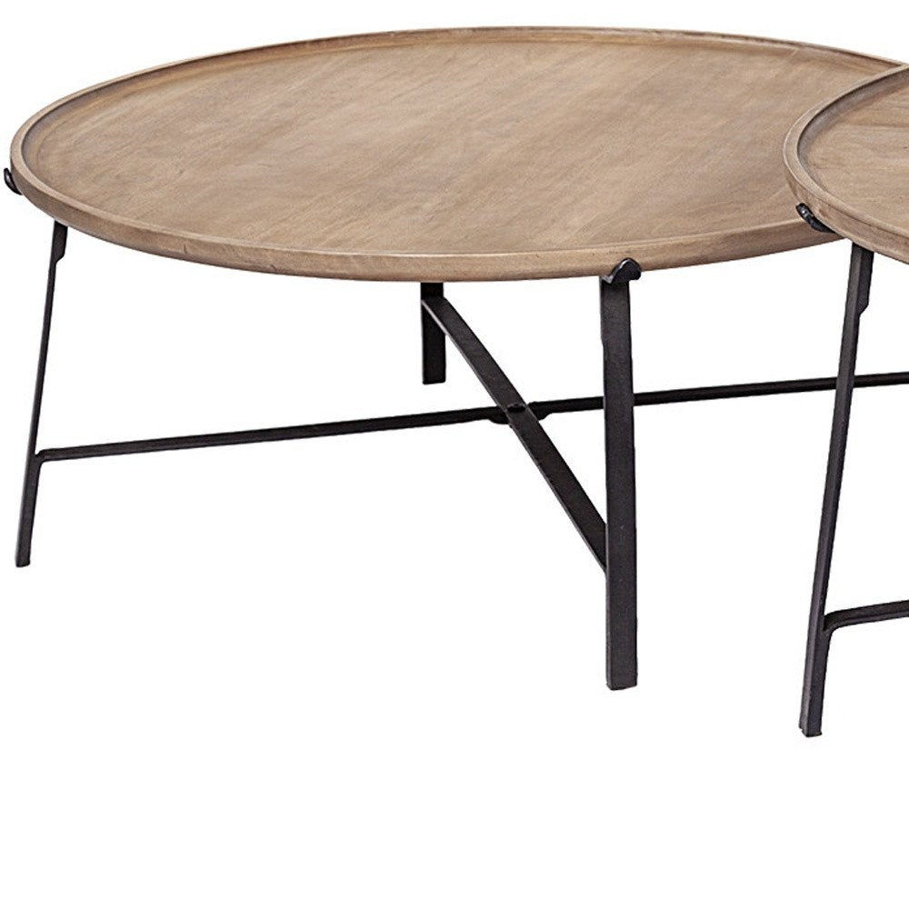 Set of Two Brown and Black Solid Wood and Iron Round Nested Coffee Tables