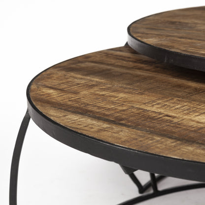 Brown and Black Wood and Metal Round Nested Coffee Tables