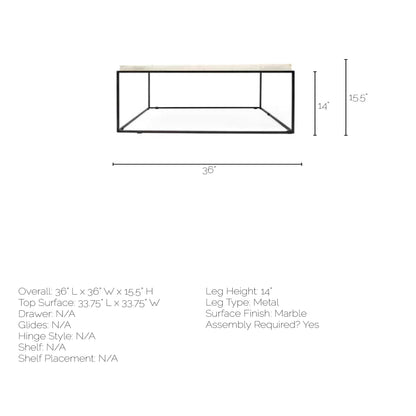 36" White and Black Genuine Marble and Metal Square Coffee Table