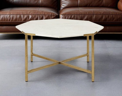 33" White and Gold Genuine Marble and Metal Octagon Coffee Table