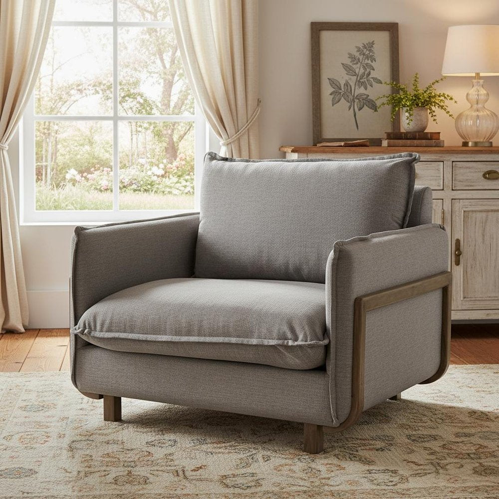 42" Gray and Brown Linen Arm Chair