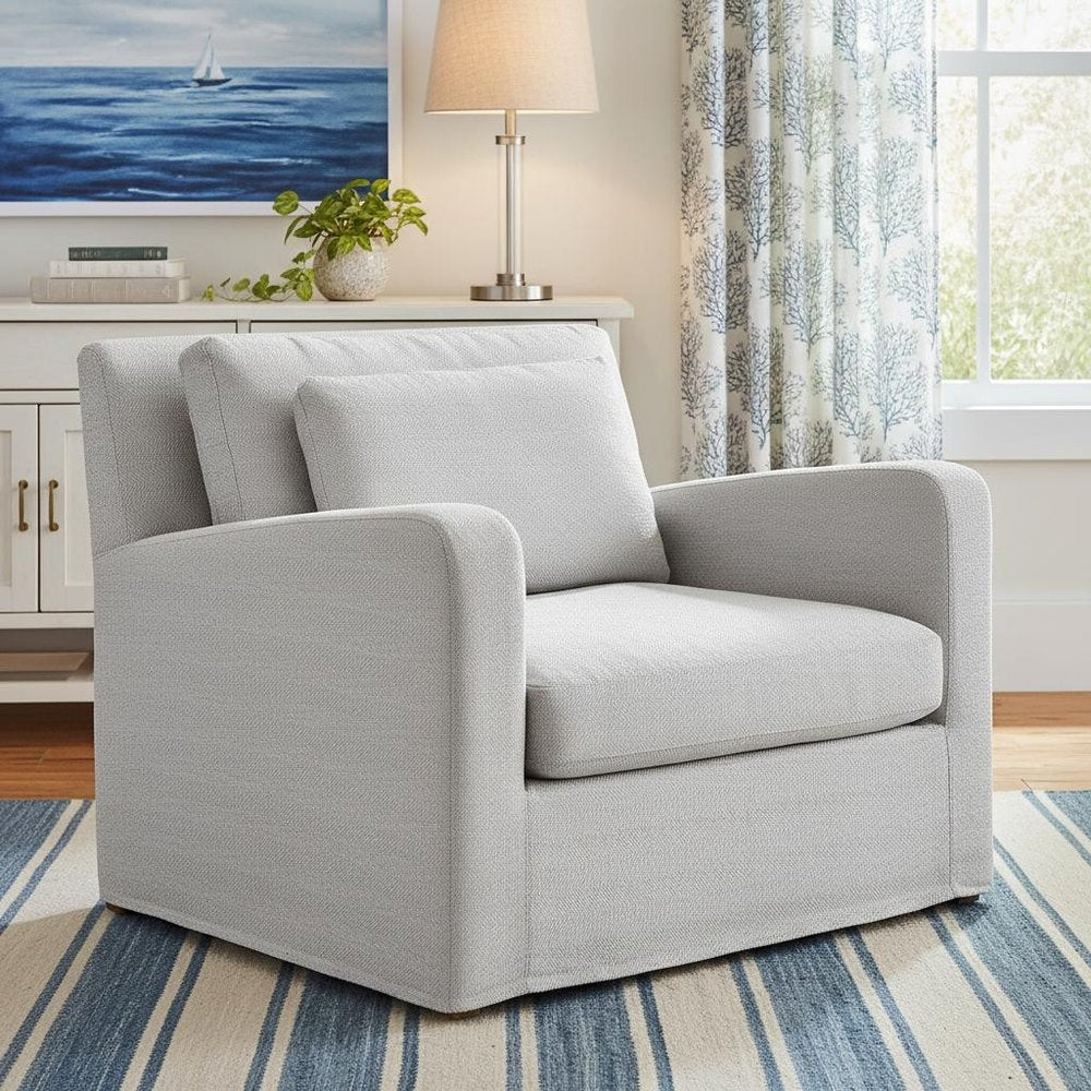 38" Light Gray and Brown Linen Arm Chair