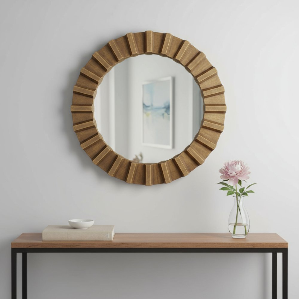 26" Brown Round Wood Framed Accent Mirror