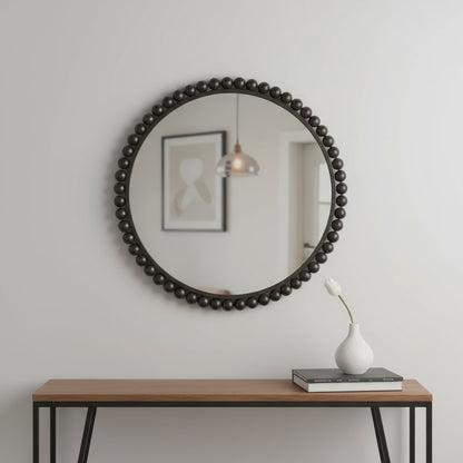 43" Black Metal Round Beaded Framed Accent Mirror