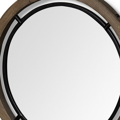 19" Black And Brown Metal And Solid Wood Round Geometric Framed Accent Mirror
