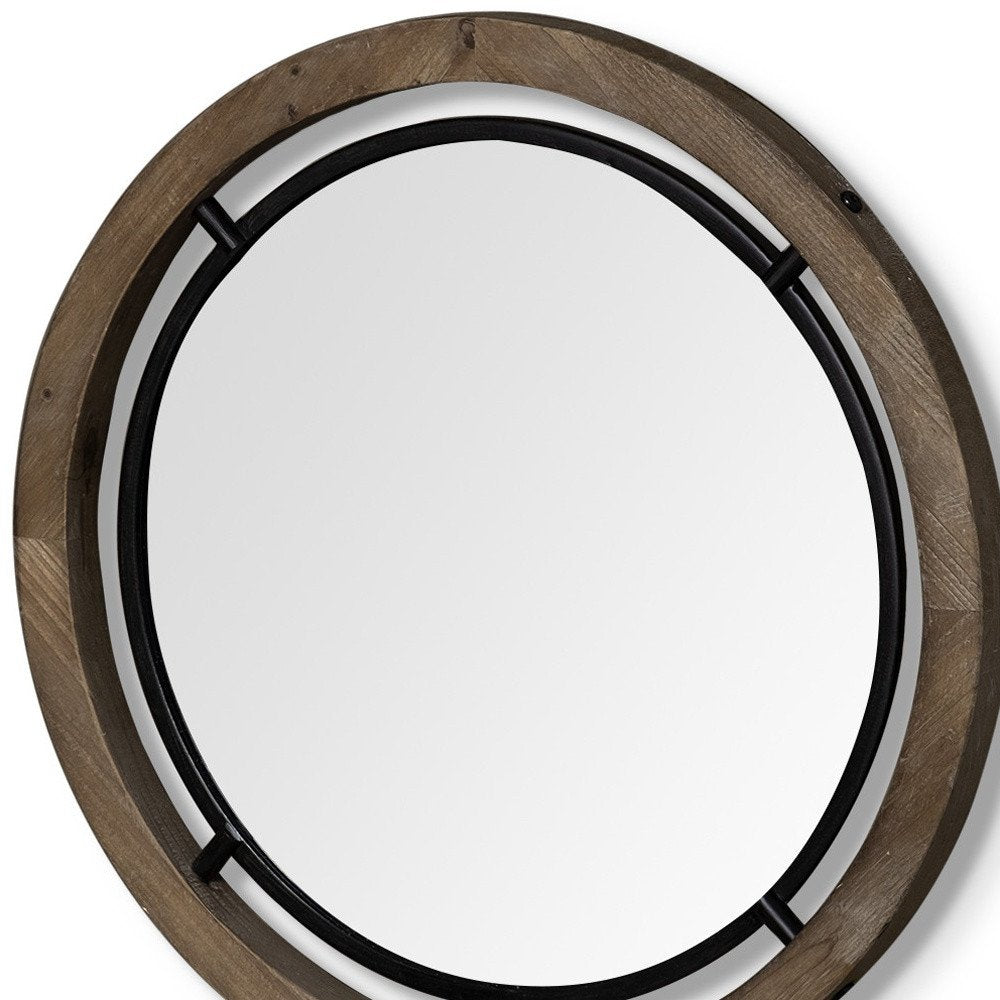 19" Black And Brown Metal And Solid Wood Round Geometric Framed Accent Mirror
