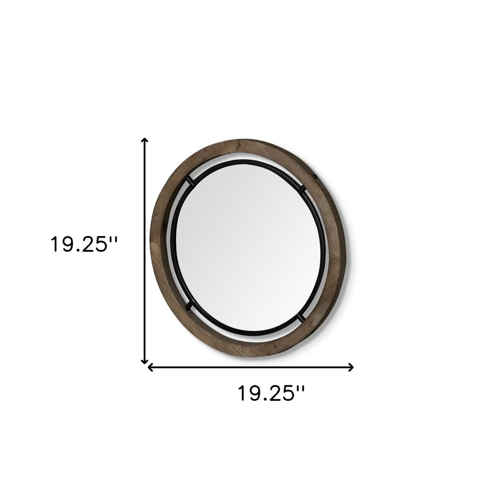 19" Black And Brown Metal And Solid Wood Round Geometric Framed Accent Mirror