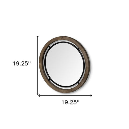 19" Black And Brown Metal And Solid Wood Round Geometric Framed Accent Mirror