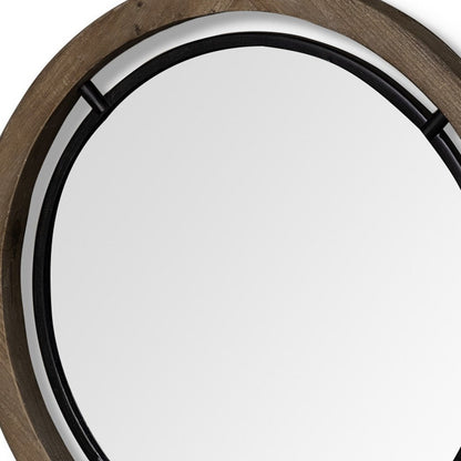 19" Black And Brown Metal And Solid Wood Round Geometric Framed Accent Mirror