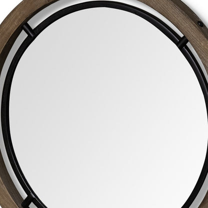 19" Black And Brown Metal And Solid Wood Round Geometric Framed Accent Mirror
