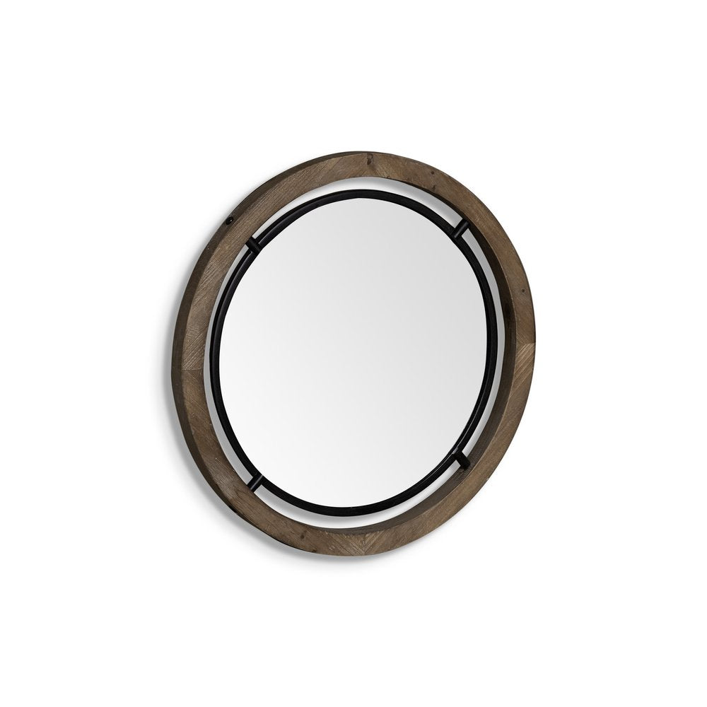 19" Black And Brown Metal And Solid Wood Round Geometric Framed Accent Mirror