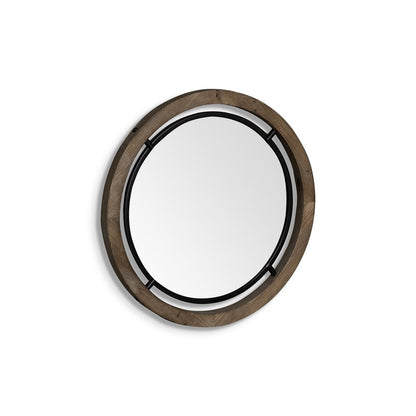 19" Black And Brown Metal And Solid Wood Round Geometric Framed Accent Mirror