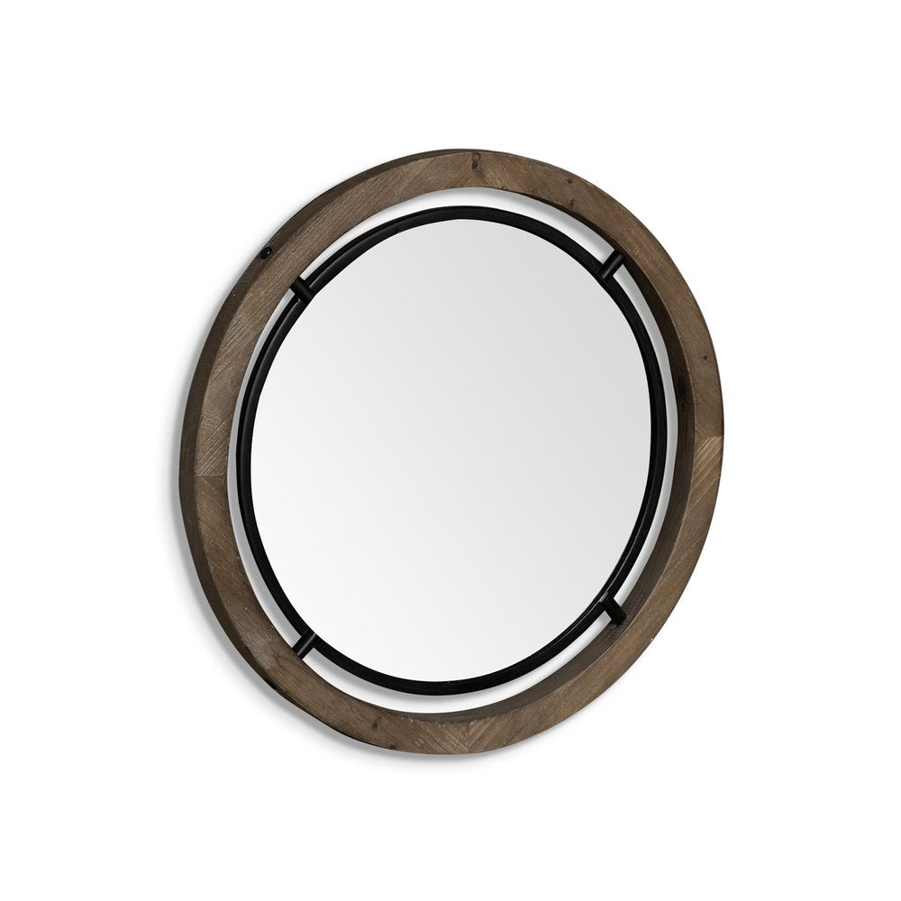 24" Brown And Black Round Metal And Wood Framed Accent Mirror