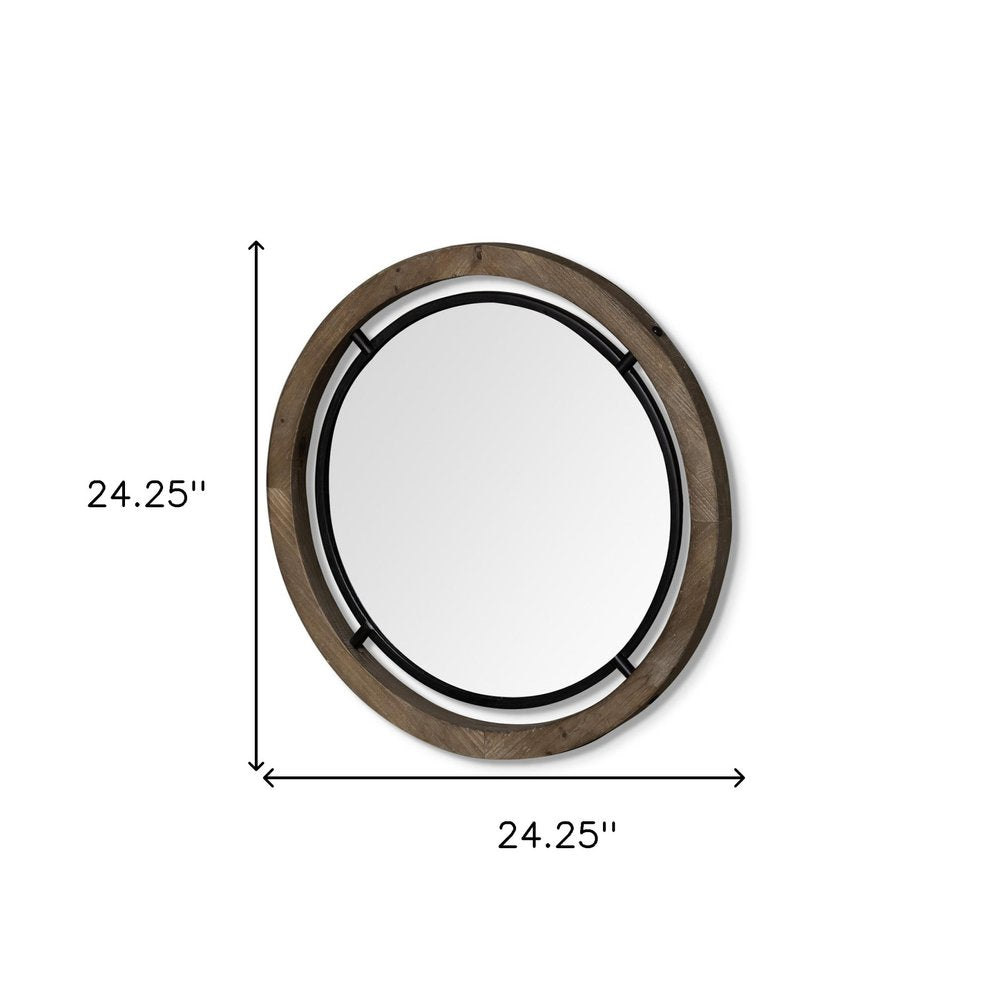 24" Brown And Black Round Metal And Wood Framed Accent Mirror