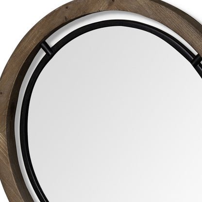 24" Brown And Black Round Metal And Wood Framed Accent Mirror