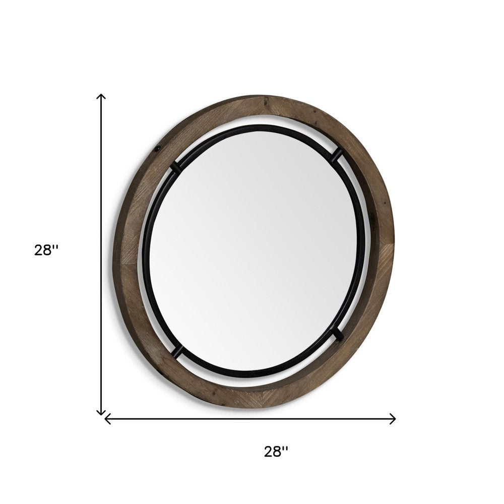 28" Brown Round Wood Framed Accent Mirror