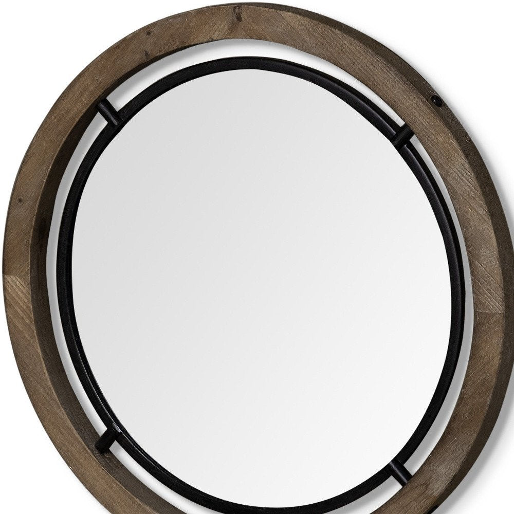 28" Brown Round Wood Framed Accent Mirror