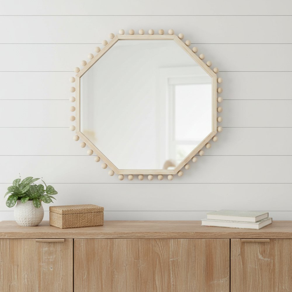 33" Natural Wood Octagon Beaded Framed Accent Mirror