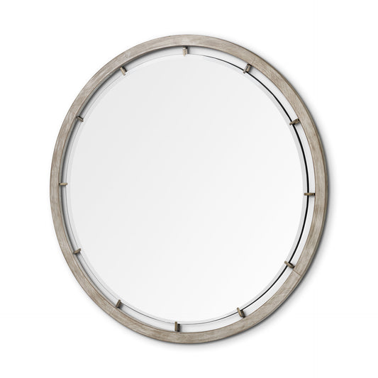 54" Brown Round Wood And Metal Framed Accent Mirror
