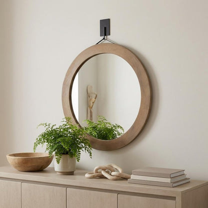 44" Brown Round Wood Framed Rope Hanging Accent Mirror