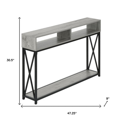 47" Gray and Black Frame Console Table With Shelves