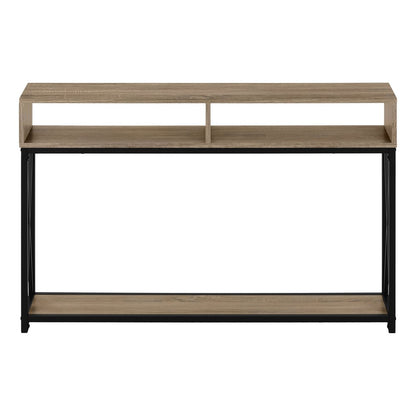 47" Taupe and Black Wood and Metal Frame Console Table With Three Shelves