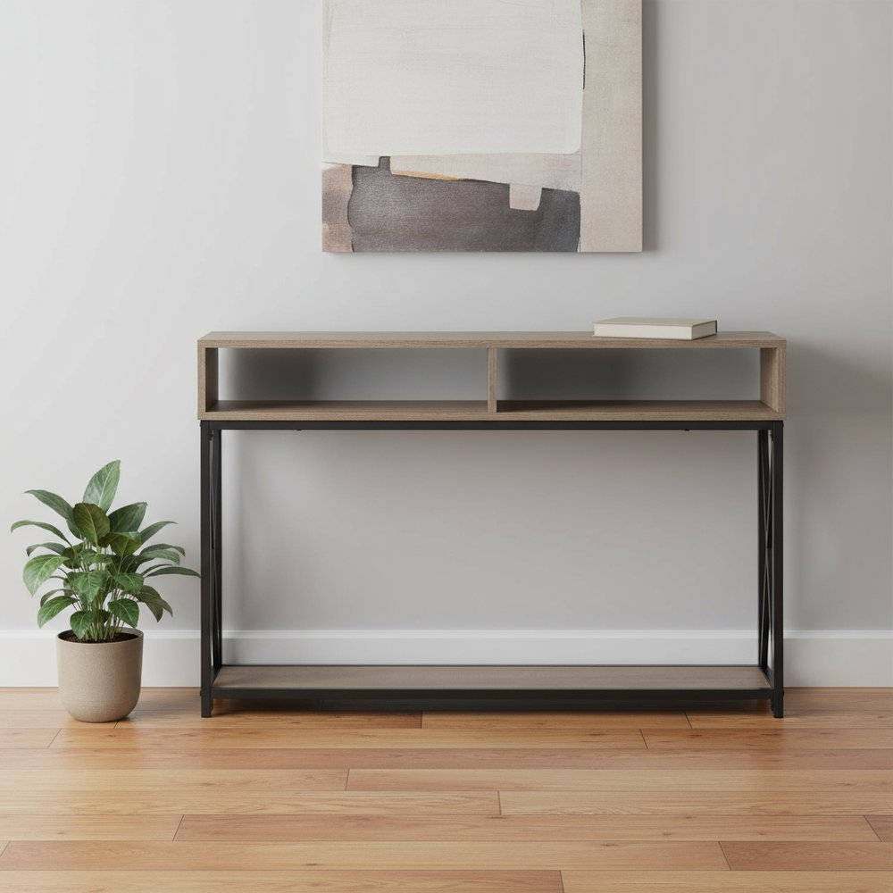 47" Taupe and Black Frame Console Table With Shelves