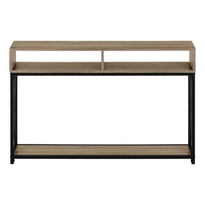 47" Taupe and Black Wood and Metal Frame Console Table With Three Shelves