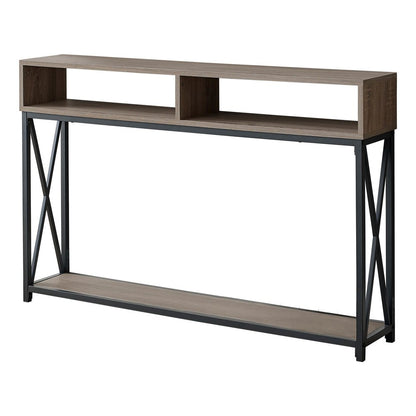 47" Taupe and Black Wood and Metal Frame Console Table With Three Shelves