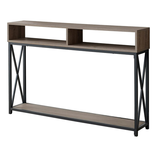 47" Taupe and Black Wood and Metal Frame Console Table With Three Shelves