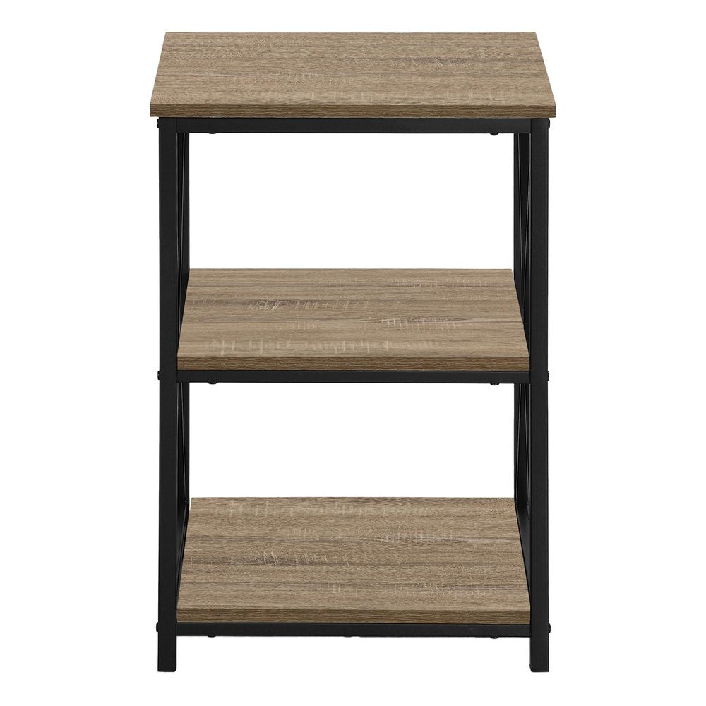 26" Taupe And Black Wood And Iron End Table With Two Shelves