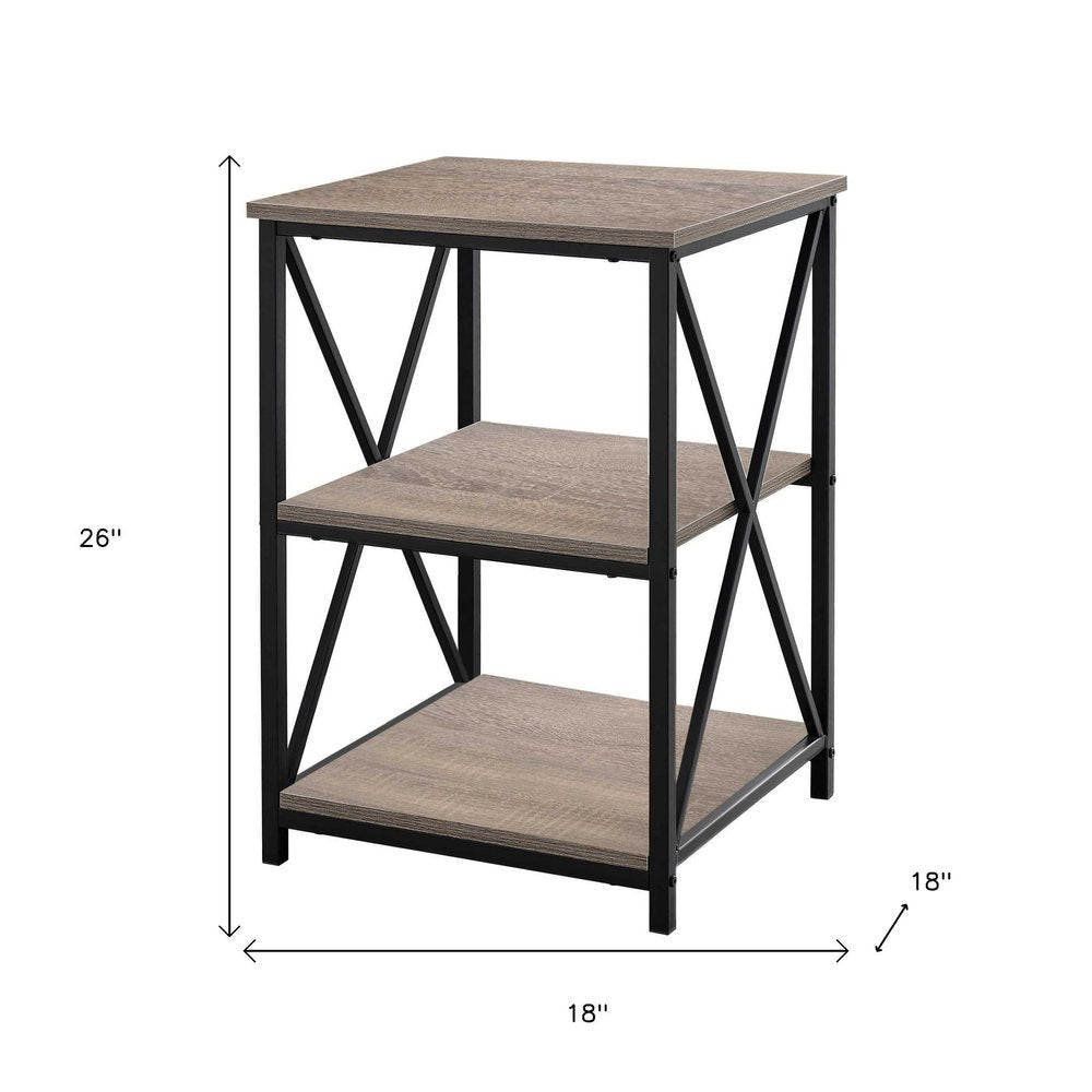 26" Taupe And Black Wood And Iron End Table With Two Shelves