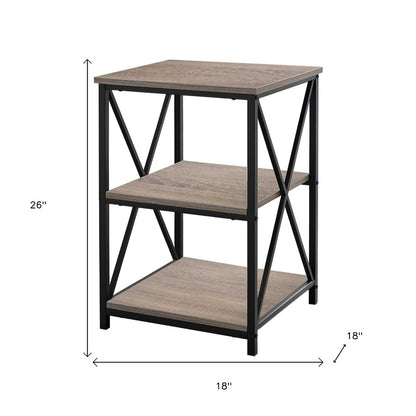 26" Taupe And Black Wood And Iron End Table With Two Shelves