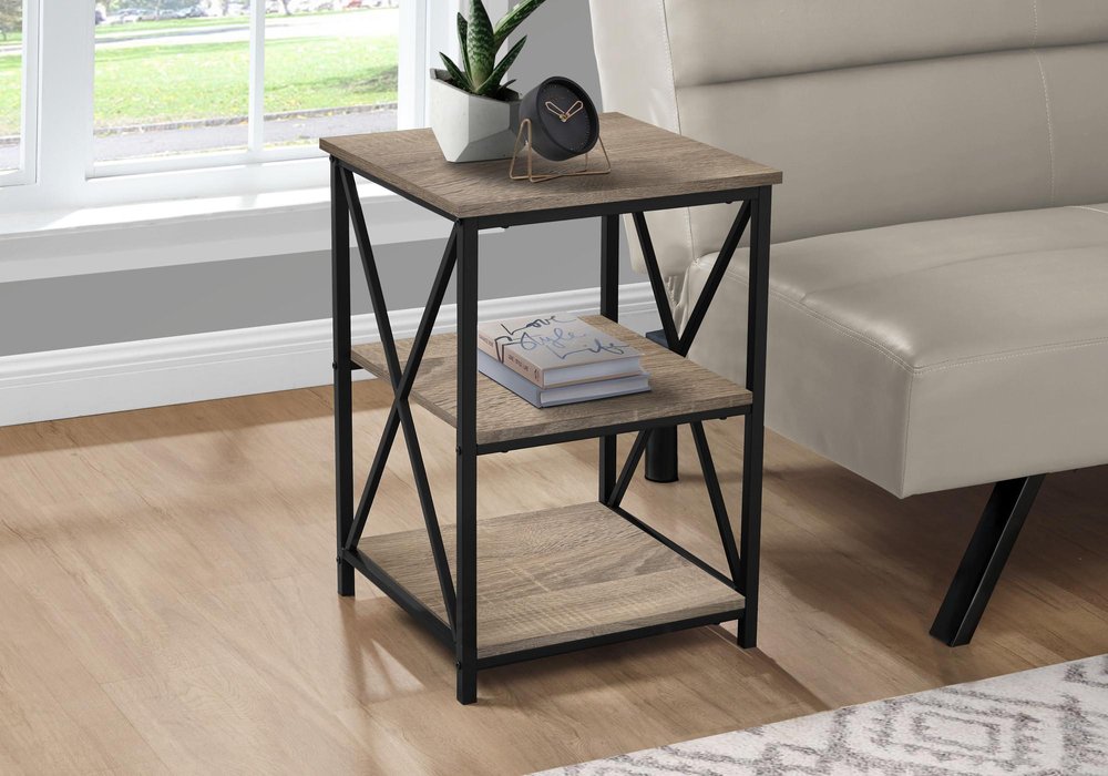 26" Taupe And Black Wood And Iron End Table With Two Shelves