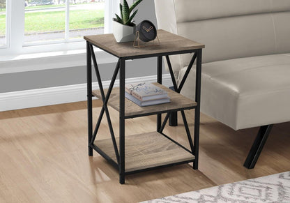 26" Taupe And Black Wood And Iron End Table With Two Shelves