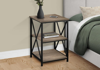 26" Taupe And Black Wood And Iron End Table With Two Shelves