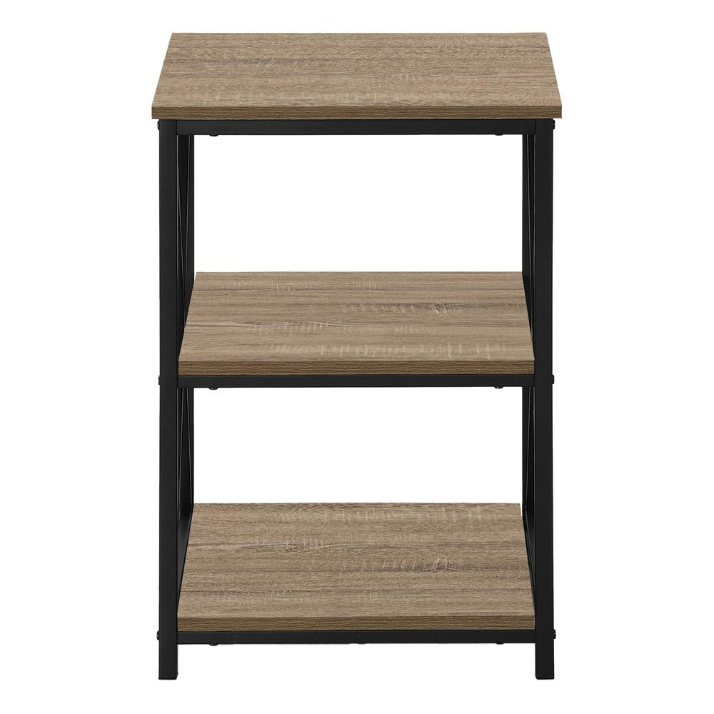 26" Taupe And Black Wood And Iron End Table With Two Shelves