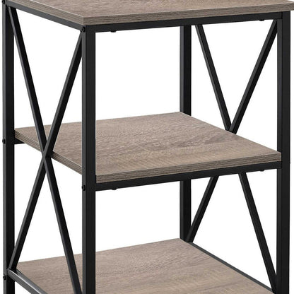 26" Taupe And Black Wood And Iron End Table With Two Shelves