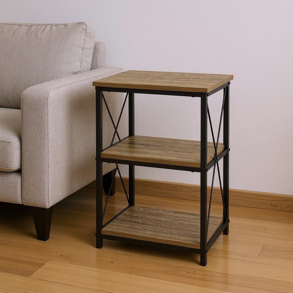 26" Taupe And Black Wood And Iron End Table With Two Shelves