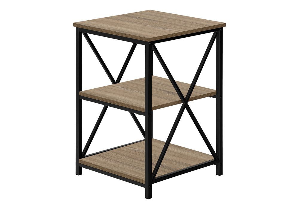 26" Taupe And Black Wood And Iron End Table With Two Shelves
