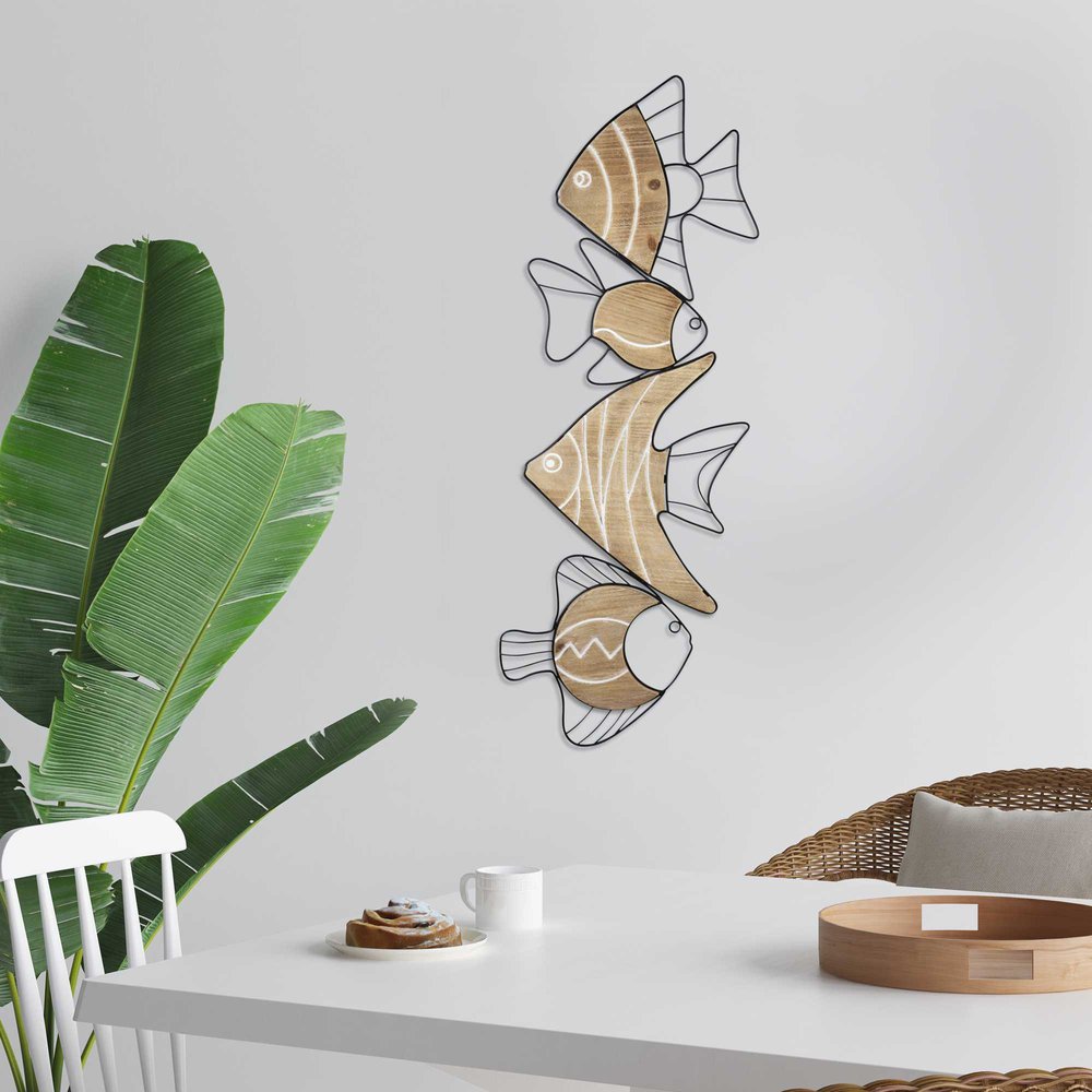 34" X 12" Natural and Black Fish Wood and Metal Hanging Dimensional Sculpture