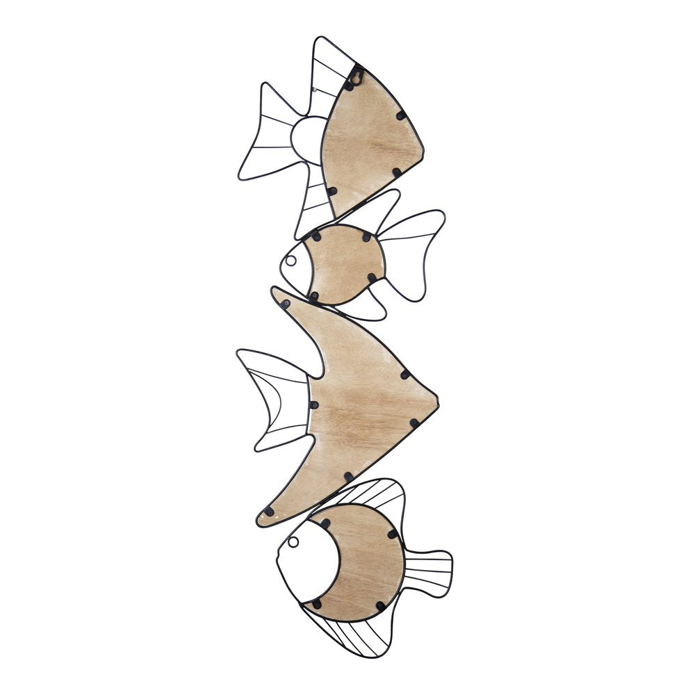 34" X 12" Natural and Black Fish Wood and Metal Hanging Dimensional Sculpture