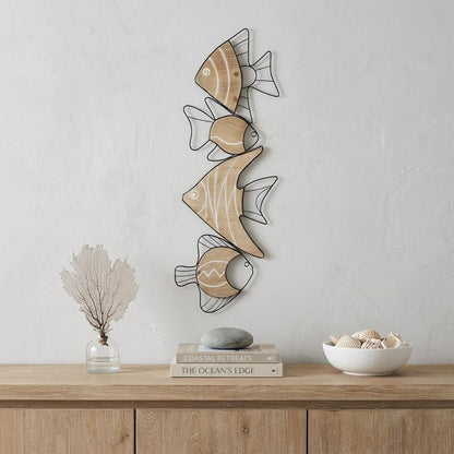 34" X 12" Natural and Black Fish Wood and Metal Hanging Dimensional Sculpture