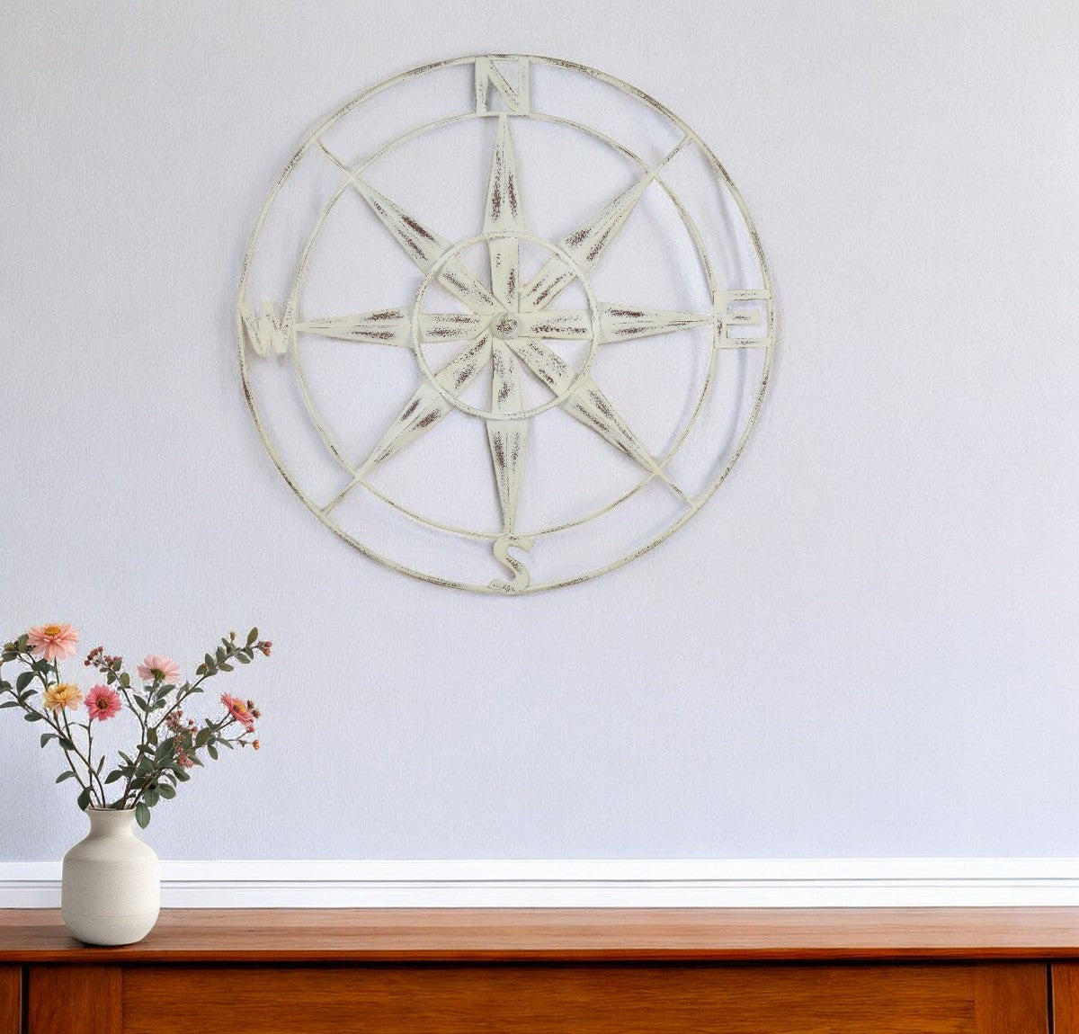 Nautical Compass Metal Wall Decor With Distressed White Finish